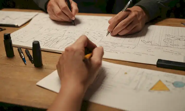 Ilustraciones de herramientas y gráficos que rodean a una persona escribiendo notas en medio de un entorno de taller.