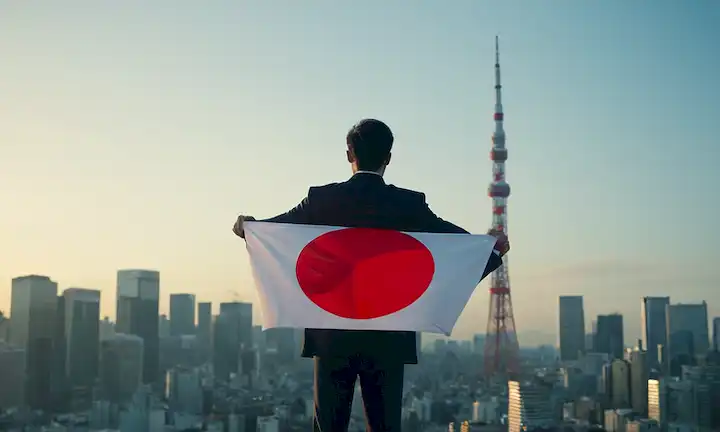Un hombre de negocios con una bandera japonesa, frente a un futurista paisaje urbano.