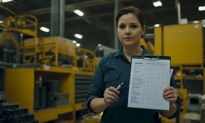 Una persona que tiene una lista de verificación, rodeada de equipo de fábrica y mapas de datos, con una flecha ascendente hacia arriba.