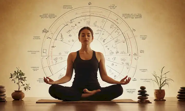 Una persona meditando con un gráfico que muestra mejora y crecimiento continuos, rodeado de símbolos kaizen.