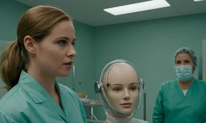 Mujer que usa engranaje protector para evitar instrumentos quirúrgicos mientras se coloca al lado de un muñeco de tamaño natural con herramientas quirúrgicas eliminadas. Preguntas frecuentes sobre el Zap-X: La máquina de destrucción del absceso cerebral. (Este texto hipotético está destinado a ser humorístico y exagerado.)