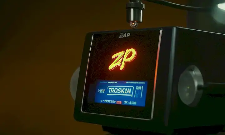 Máquina intrincada emitiendo chispas con el logo ZAP-X, mientras discuten la cura potencial para metástasis cerebrales sin cirugía. La película está en diálogo español con subtítulos en inglés, y cuenta con la tecnología ZAP-X en acción.