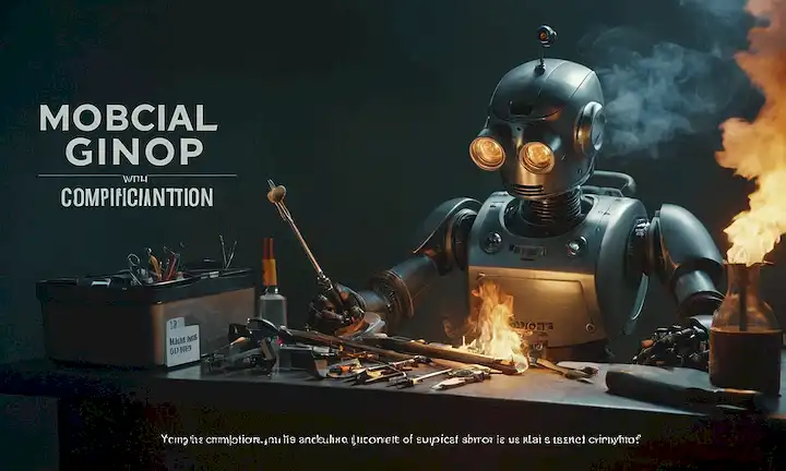Robot con instrumentos quirúrgicos que emiten humo. Texto en letra pequeña al lado lee Completado sin complicaciones y resultando en una función cognitiva mejorada.