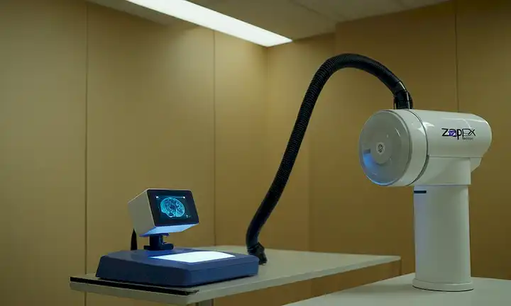 Robot limpia de forma autónoma tumores cerebrales de pacientes afectados utilizando tecnología innovadora desarrollada por el proyecto secreto conocido como Zap-X. Signage indicating Welcome to Zap-X! también puede ser visible en medio del espacio de trabajo limpio.