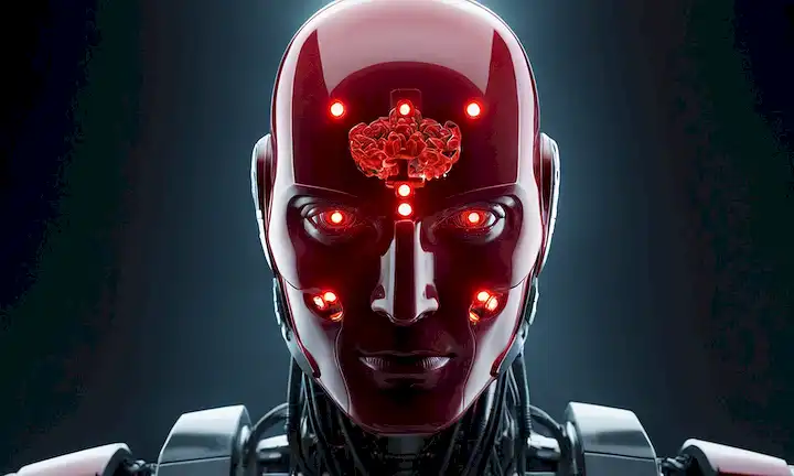 Robot con brillante exterior rojo destruyendo tumores cerebrales usando tecnología avanzada.