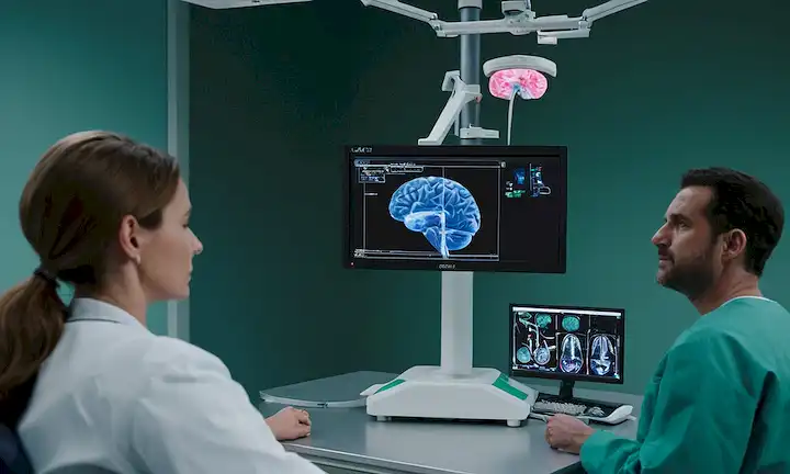 Dispositivo médico diseñado para eliminar metástasis cerebrales sin cirugía. Los pacientes que están de pie por un LAZAP-X, mientras que los médicos observan a través de un monitor. El equipo médico incluye cirujanos y un neurólogo. Entrega 3D del dispositivo en acción.