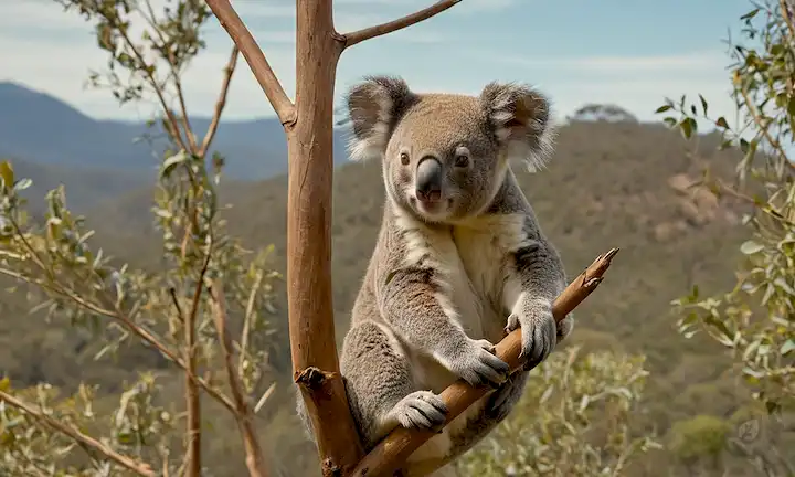 Un koala sentado en una rama del árbol del eucalipto, rodeado de hojas secas y marchitas, un pequeño parche de vegetación en el fondo, un cielo grisáceo-azul, unos cuantos wisps nublados, una silueta lejana de árboles en las montañas, una sutil insinuación del fuego de arbustos