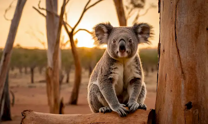 un koala parado solo en un tronco de árbol estéril sin hojas, rodeado de estrías de eucalipto, un paisaje desolado, puesta del sol en el fondo, tierra seca y agrietada debajo, unas ramas frondosas esparcidas alrededor