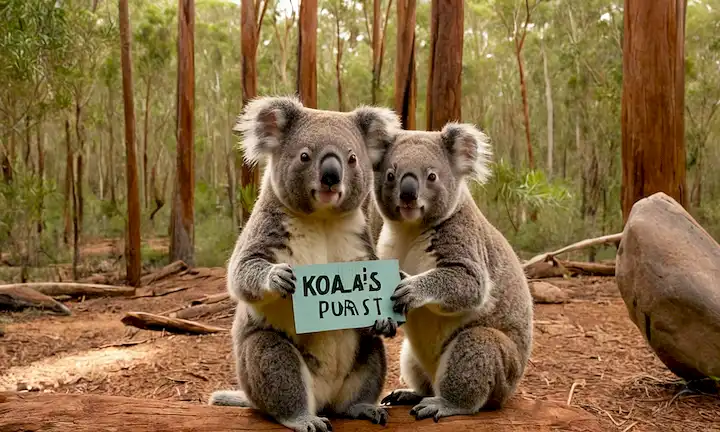 2 koalas en un bosque de eucaliptos, uno que sostiene un signo de especies en peligro, paisaje australiano fuera de Australia con el sol, árboles y rocas, koalas orejas suaves, grandes ojos redondos, piel cortés