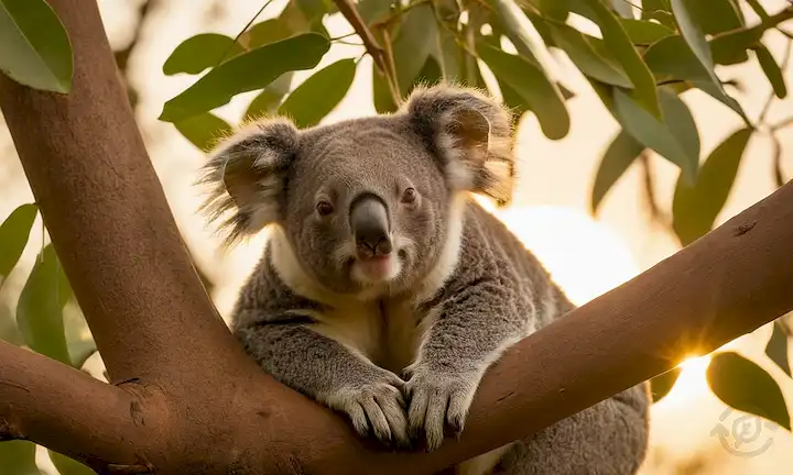 un koala encaramado en una rama de árbol de eucalipto, rodeado de exuberante follaje verde, con un sol amarillo brillando en el fondo, unos pocos árboles de eucalipto muertos o moribundos dispersos cerca, y un sutil indicio de humo o escobilla en el aire