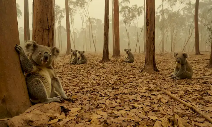 Bosque de eucalipto, koalas aferrados a ramas, árboles con troncos desnudos, koalas muertos o moribundos en tierra, atmósfera defectuosa o sofocante, hojas secas y marrones, sombras de siluetas de eucalipto, animales pequeños como insectos o lagartos presentes