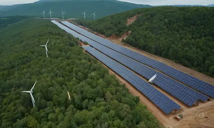 Minas cubiertas de vegetación, paneles solares en emplazamientos de minas, turbinas eólicas, equipo minero rodeado de árboles, bandas transportadoras sostenibles propulsadas por energía, terreno terrestre con un impacto ambiental mínimo, agua potable fluyendo cerca de las minas