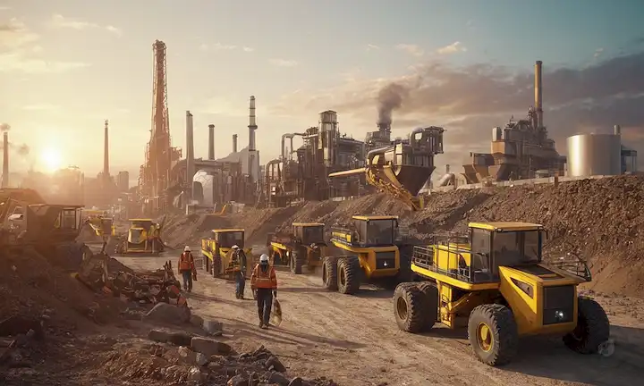 mineros 3D extrayendo metales de máquinas futuristas, fuentes de energía verde que alimentan paisajes urbanos al atardecer, personas disfrutando de recreación al aire libre en medio de paisajes industriales