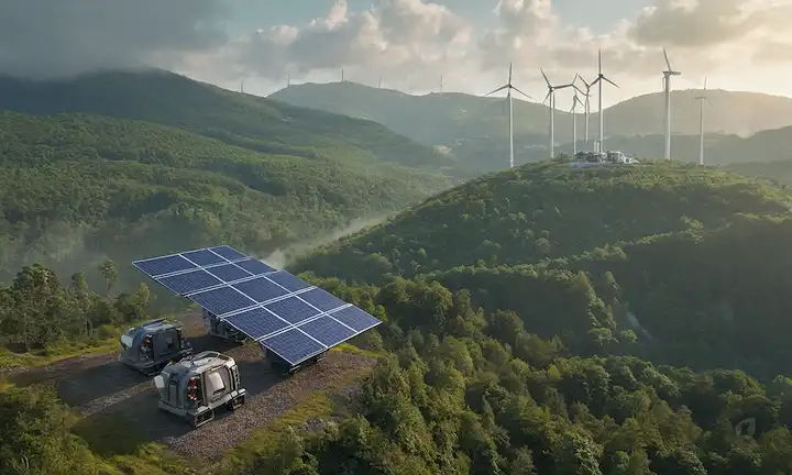 Los mineros 3D en cascos futuristas, robots con luces brillantes, bosques verdes junto con equipos industriales, paneles solares sobre las laderas, turbinas de viento girando lentamente, chispas volando de maquinaria en medio de un fondo defectuoso, sutiles toques de nubes de contaminación en la distancia, estructuras metálicas que se elevan sobre la vegetación exuberante, y un toque de sol que brilla por la escena