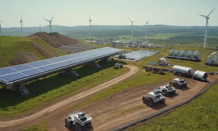 3D rendering of a futuristic mining operation, greenery surrounded by machinery, solar panels and wind turbines in background, transportor belts carrying ore to processing facility, workers in protective gear examining samples