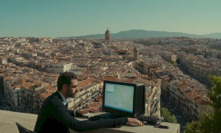 Gente escribiendo en pantallas informáticas mientras mira preocupada frente a paisajes urbanos sombríos con calles concurridas en ciudades españolas, con análisis de una encuesta sobre el comportamiento de los pueblos y el paisaje urbano.