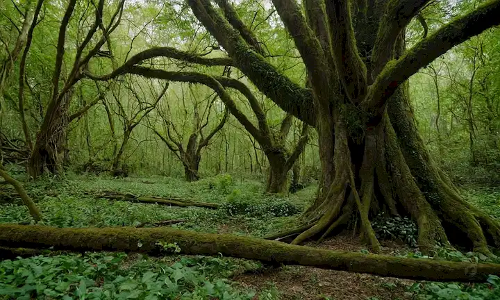 Bosques, vides y flores entrelazadas con figuras humanas, dispositivos tecnológicos y materiales de desecho, transmitiendo un sentido de desconexión, pero dependencia de la naturaleza en medio de las modernidades caos