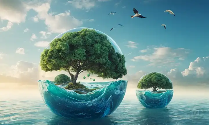 ilustración 3D de esferas o globos interconectados en tonos azules y verdes, con patrones de naturalezas de elemento<center><img decoding=