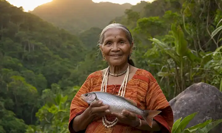 Mujer indígena de edad, rodeada de exuberante bosque lluvioso, vestida de atuendo tradicional, sosteniendo un pez, con una sutil sonrisa, situada en una formación de roca natural, contra un cálido fondo de puesta del sol, entre vides y hojas, destacando su conexión con la naturaleza y la comunidad