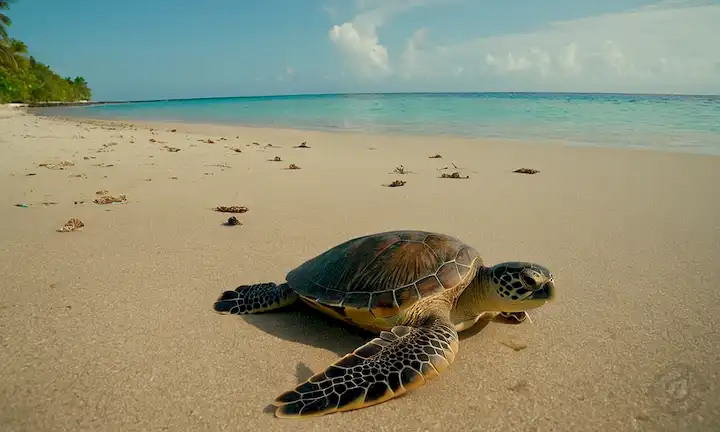 Una escena oceánica serena, olas suavemente azotadas contra una playa, tortugas marinas nadando cerca de arrecifes de coral, polución plástica (microplásticos) visible como pequeños escombros dispersos, con un toque sutil de acuarelas iluminadas por el sol
