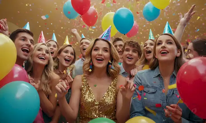 3D sombreros de fiesta de colores, confeti, globos y streamers, un ambiente animado y juguetón con gente de todas las edades y orígenes divirtiéndose juntos