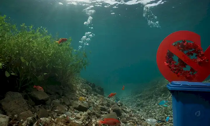 Una bandera de la Unión Europea, un líquido de púrpura roja en un contenedor, un símbolo de reciclaje, una tierra verde con una mancha de color rojo-purina, un paisaje urbano con fábricas y chimeneas, una persona con una máscara protectora, un par de manos con una planta, un reloj con una man<center><img data-lazyloaded=