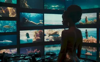 Una silueta de una sirena negra que aparece en la pantalla grande rodeada de carretes de película y cámaras.