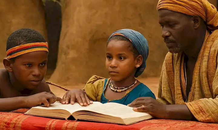 Una página de un libro infantil ilustrado con Sami el león y su familia aprendiendo sobre la cultura africana de un anciano sabio. Las cubiertas del libro son vibrantes, ilustradas e incluyen motivos culturales que apoyan las ideas en la historia. Paso 1: Analizar el texto original para comprender su estructura y conceptos principales.- Frases clave: importancia de la representacion cultural, literatura infantil, La vida de Sami, viaje a la cultura ugandesa, niños- Comprender las frases clave: discutir la representación de la cultura en la literatura para los niños- Reconocer que esta es una discusión sobre la importancia de la representación cultural en la literatura infantil.- Identificar el título de libro como ejemplo para mostrar la idea. Paso 2: Traducir frases clave en inglés y crear una breve visión general del concepto discutido. El objetivo es asegurar que la traducción captura la esencia del texto original pero se condensa y lo suficientemente simple para la respuesta final. Ejemplos:Importancia de la representación cultural: Esta idea destaca la importancia de incluir historias y personajes diversos, culturalmente ricos dentro de la literatura infantil. Literatura para niños: Se refiere a la audiencia primaria de este importante debate. The Life of Sami: A character, possibly representing a significant cultural figure or community in Uganda in the story. Viaje cultural para niños: Representa a otro grupo de niños que realizan aventuras similares con respecto a la cultura que exploran. Así que, sobre la base de estas interpretaciones, Haré un texto de una línea: Aprenda sobre la cultura africana y realce sus habilidades de literatura infantil introduciendo diversos personajes y configuraciones en libros como La Vida de Sami.