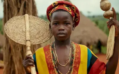 Young boy wearing traditional Ugandan clothing while holding up cultural artifacts. Se retrata un ambiente vibrante y colorido en el fondo.