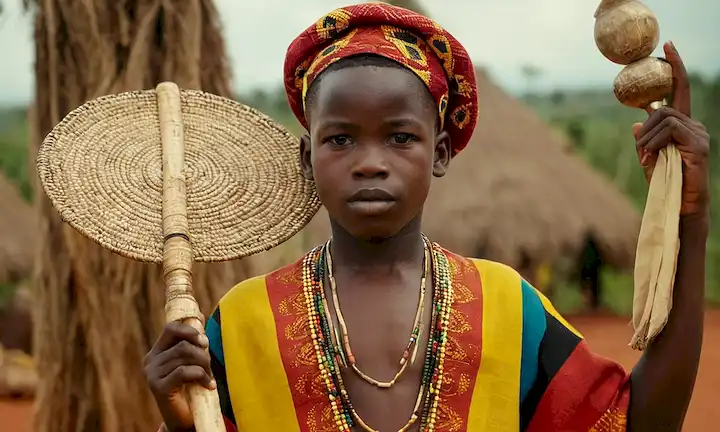 Young boy wearing traditional Ugandan clothing while holding up cultural artifacts. Se retrata un ambiente vibrante y colorido en el fondo.