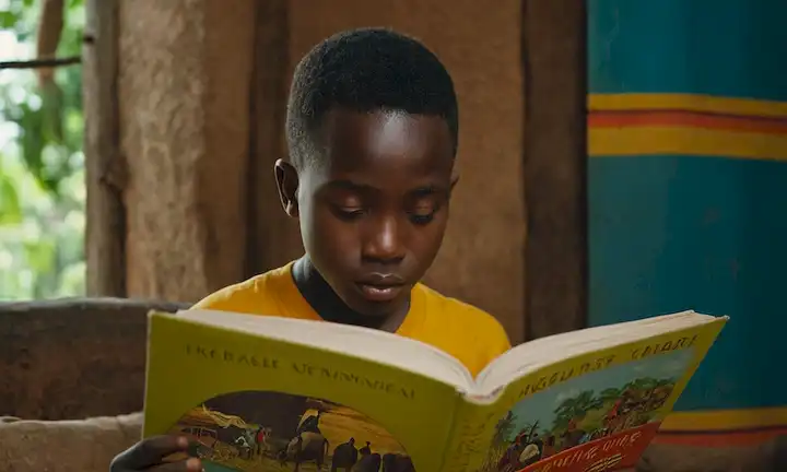 Un joven leyendo un libro ilustrado sobre un viaje aventurero hacia la cultura ugandesa, acompañado de ilustraciones vibrantes y notas culturales.