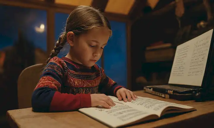 Niño usando una computadora para escribir su manuscrito del libro, con ilustraciones estilizadas y contexto cultural que rodea a Sami. El título en sí mismo está en letras mayúsculas atrevidas en el centro.