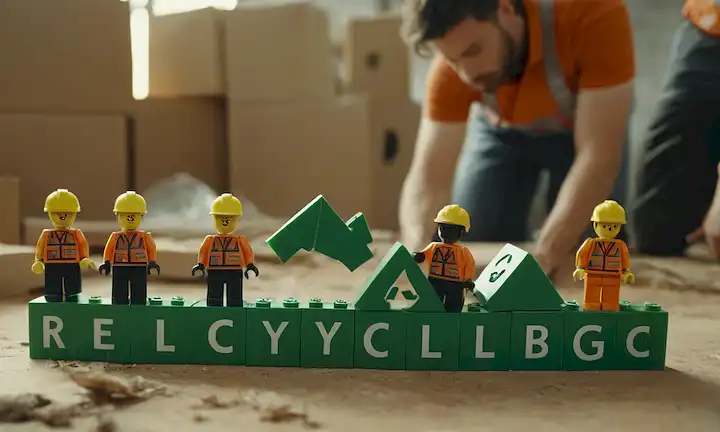 Un equipo de trabajadores con símbolos de reciclaje en el fondo, montando bloques de construcción de plástico prefabricados para simbolizar la construcción sostenible.