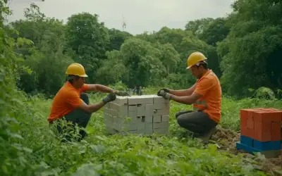 Trabajadores de la construcción urbana utilizando ladrillos de plástico reciclado para construir un edificio rodeado de vegetación