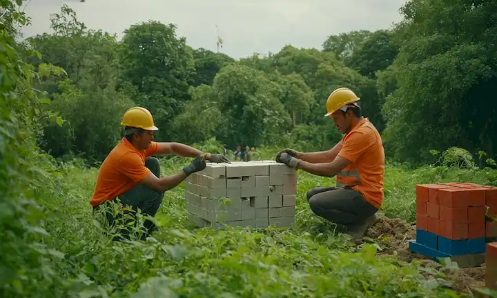 Trabajadores de la construcción urbana utilizando ladrillos de plástico reciclado para construir un edificio rodeado de vegetación