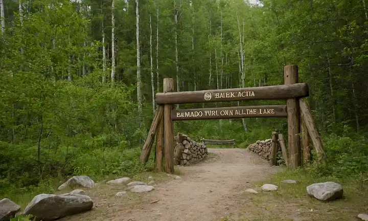 Signage at the entrance to a natural wonder, displaying an environmental message with Un Llamado a Acción: Baikal in bold letters and possibly accompanied by illustrates of fauna surrounding the lake or images from a thriving ecosystem. Es probable que el idioma esté en inglés, pero con algún guión ruso distintivo.