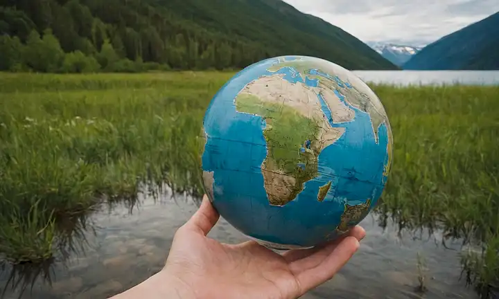 A concerned person holding up a Globe with Baikal Lake and addressing the publics responsibility to protect such an ecosystem. Potential future state of the lake being submerged underwater.