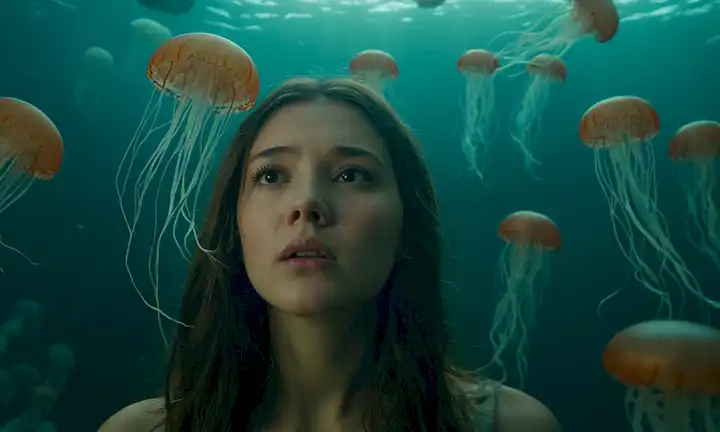 Una persona rodeada de criaturas como medusas (sirenas) con una sutil tristeza/expresión temerosa.