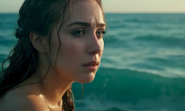 Una hermosa sirena llorando lágrimas que fluyen en el océano representando liberación emocional.