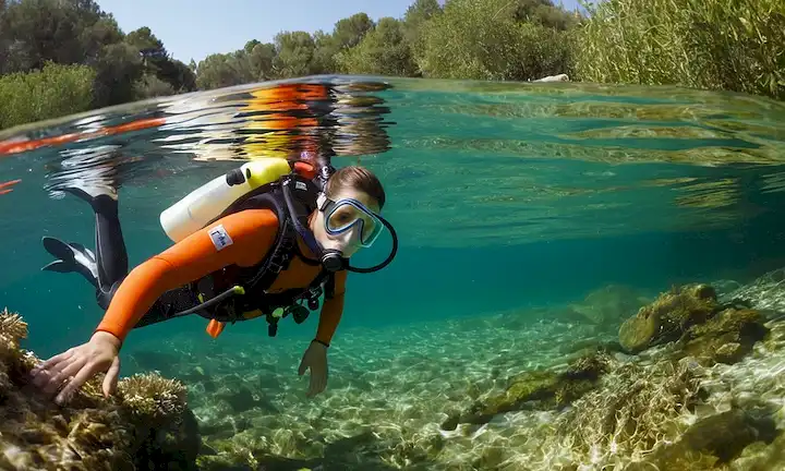 Una persona que bucea en agua cristalina con especies acuáticas coloridas y vegetación alrededor de ellos. Llevan un equipo protector y sostienen su aliento para enfatizar en esta breve declaración. El contexto de la frase es la protección ambiental de un ecosistema en Madrid contra la industrialización y las actividades extractivas. Muestra tanto la acción física como los elementos visuales para expresar la urgencia o la lucha de la situación.
