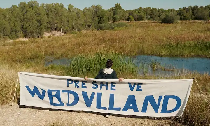 Persona frente a los cuerpos de agua con una bandera que dice Preserve the Wetland: Un humedal de Madrid en riesgo de minería y urbanización.