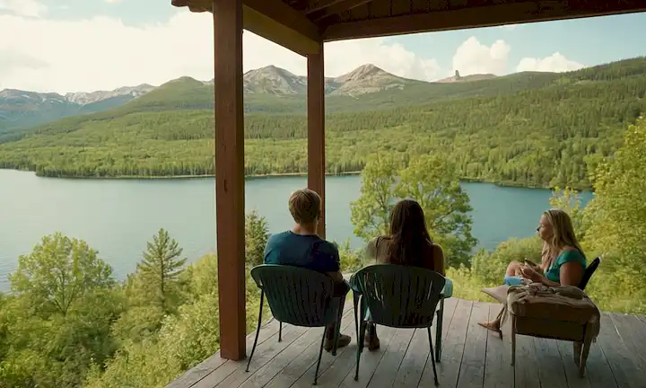 Dos amigos sentados en un porche con la vista panorámica de un lago, discutiendo preocupaciones ambientales y esfuerzos de conservación en el contexto de su cuerpo de agua protegido.
