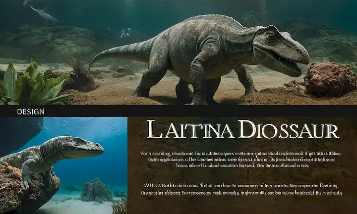 Una pantalla de título con el nombre latino para el dinosaurio acuático, incluyendo una línea de tiempo y lista de especies incluidas. Una ilustración generada por ordenador con notación científica mostrada junto a ilustraciones de los restos preservados, y fotografías capturadas por fotógrafos profesionales el día de la excavación. En un entorno moderno, junto con ilustraciones que muestran tecnología avanzada incorporada en plataformas digitales utilizadas para compartir descubrimientos como estos. El diseño incluye una mezcla de tipografía serif y no-serif en varios tamaños con texto audaz y estilizado para títulos, subpartidas y notas de pie que complementan la estructura narrativa general.