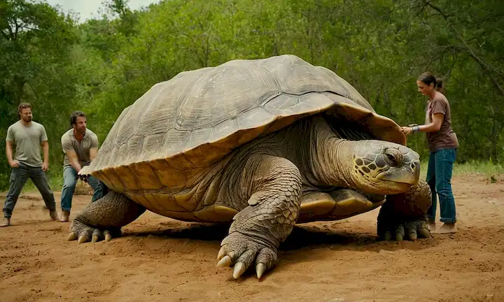 Un grupo de personas que trabajan juntas para preservar una tortuga gigante prehistórica de la era jurásica, destacando la importancia de la conservación para las generaciones futuras.