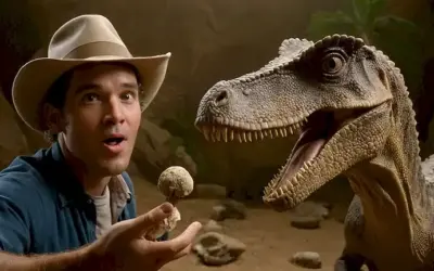 Gran personaje de dinosaurio (Pez Gigante) usando un sombrero