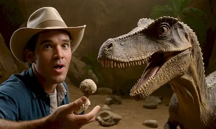 Gran personaje de dinosaurio (Pez Gigante) usando un sombrero