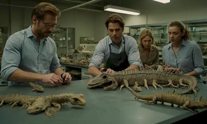Un equipo de paleontólogos que examinan fósiles en un laboratorio, revelando el descubrimiento que revela la evolución de especies extintas de un monstruo marino antiguo.