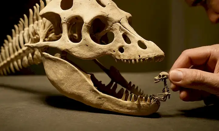Un paleontólogo que examina un esqueleto de peces de época jurásica, destacando sus orígenes antiguos y sus implicaciones para la comprensión de la historia evolutiva.