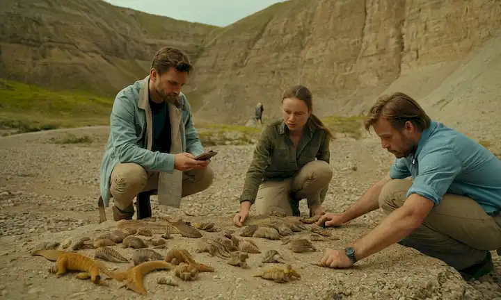 Un grupo de paleontólogos que examinan fósiles en el sitio de Holzmaden, mostrando varias especies del período jurásico.