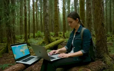 Person revisando un mapa en su portátil que muestra los esfuerzos de reforestación en colaboración con la tecnología y las críticas ambientales. Esta frase se refiere a un enfoque inteligente y colaborativo para la reforestación